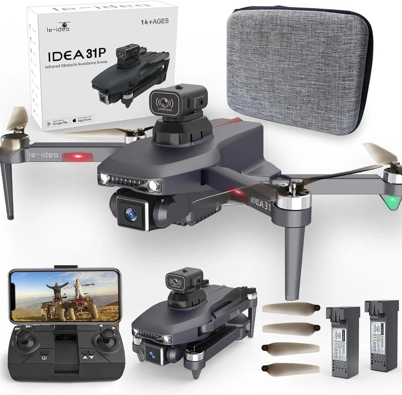 Foldable dark gray quadcopter drone with dual camera, controller screen, batteries, case