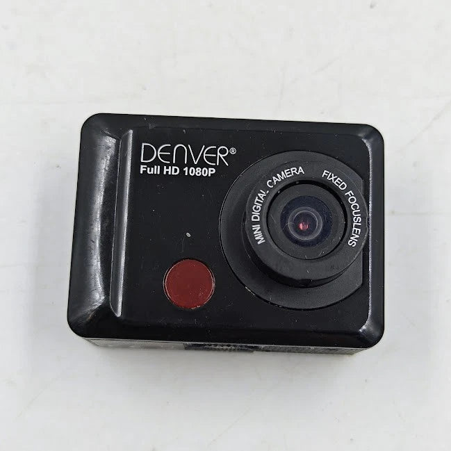 Denver compact action camera, black with front lens and red record button