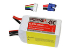 White Potenza LiPo battery pack with red label, balance connector and multi-wire leads