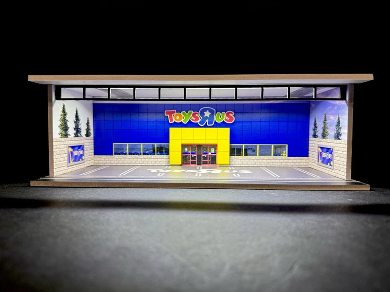Toys themed Hot Wheels 1:64 garage diorama with LED-lit facade and front sign