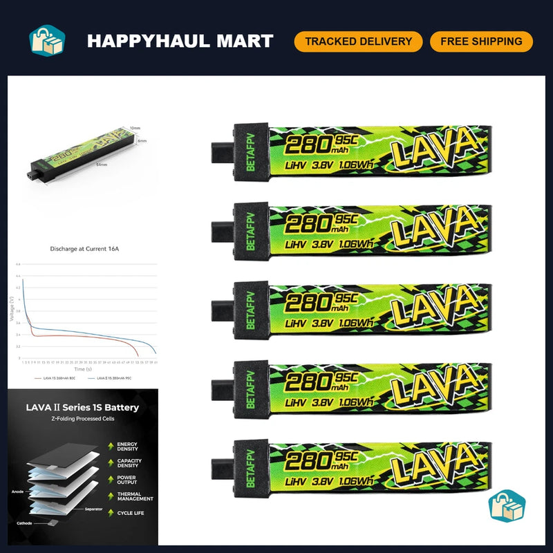5pcs 280mAh LiHV 1S Battery 3.8V 95C with BT2.0 Connector for FPV Drones Battery