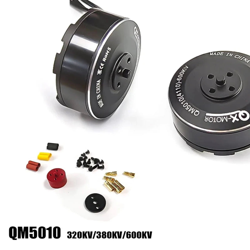 RC disc brushless motor, round aluminum housing with mounting holes, plus small connectors