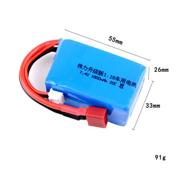 7.4V 1800mAh LiPo RC car battery pack, blue with red plug and black lead wires