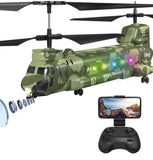 Green RC military helicopter with camera, remote controller and display screen accessory