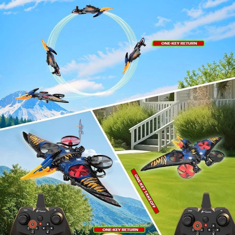 Dinosaur-themed RC drone toy with remote controller, 4-wing blue and orange design