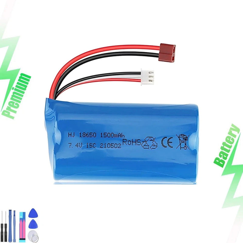 Blue 7.4V 2S 18650 Li-ion RC battery pack with T-plug and red/black leads