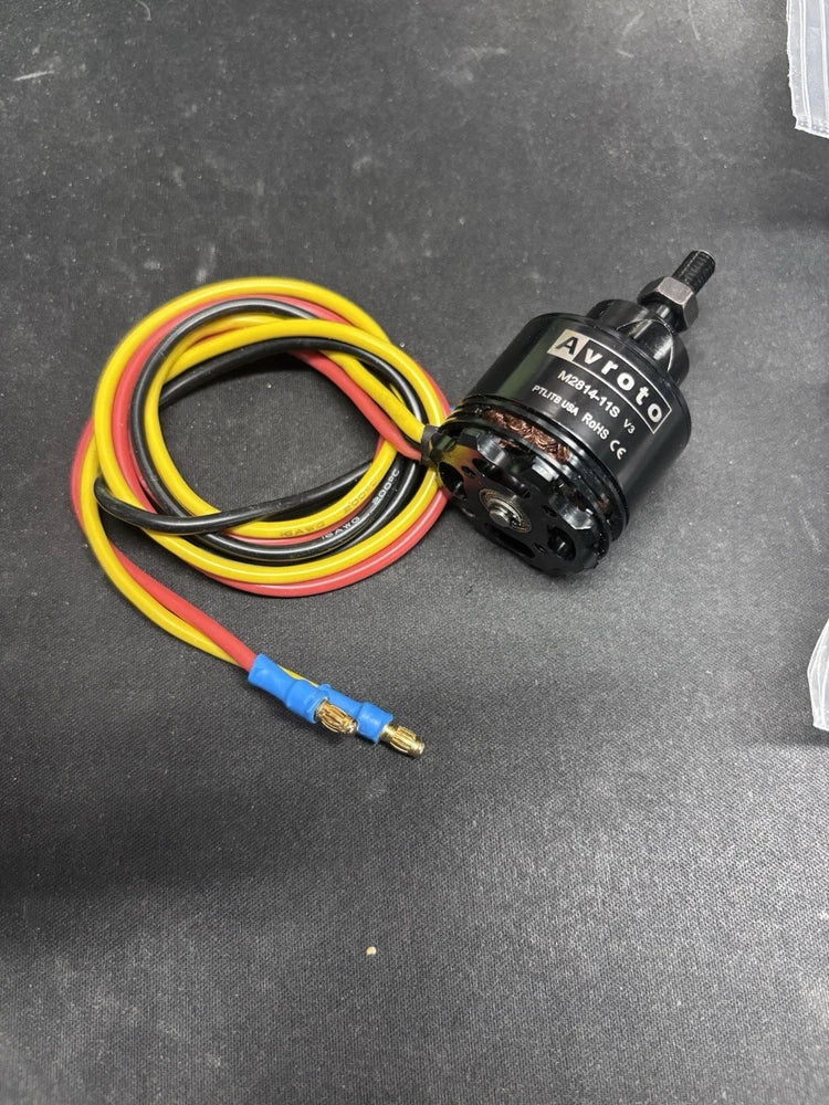 Avroto brushless drone motor with black housing, multicolor wires and blue connector