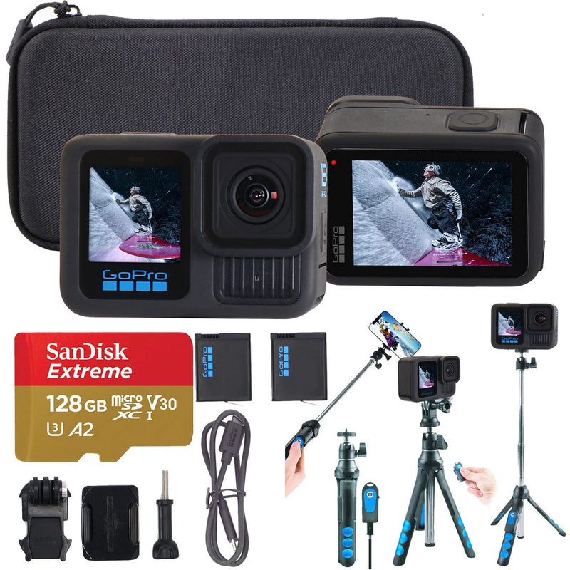 GoPro action camera bundle with black case, selfie tripod stick, and accessories
