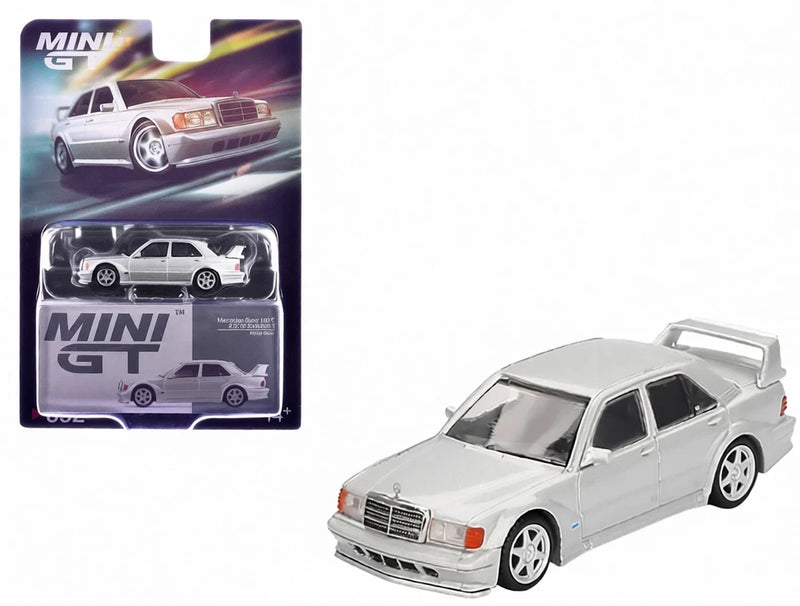 MINI GT 1/64 Mercedes 190E die-cast model car, silver sedan front 3/4 view