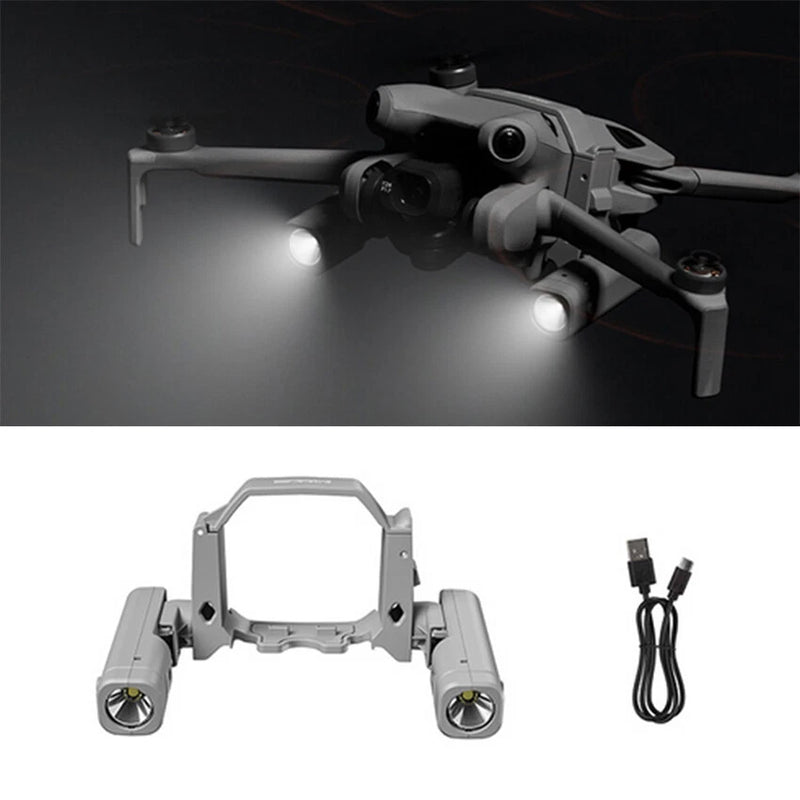 Rechargeable drone searchlight accessory with two lights, mount bracket, and charging cables