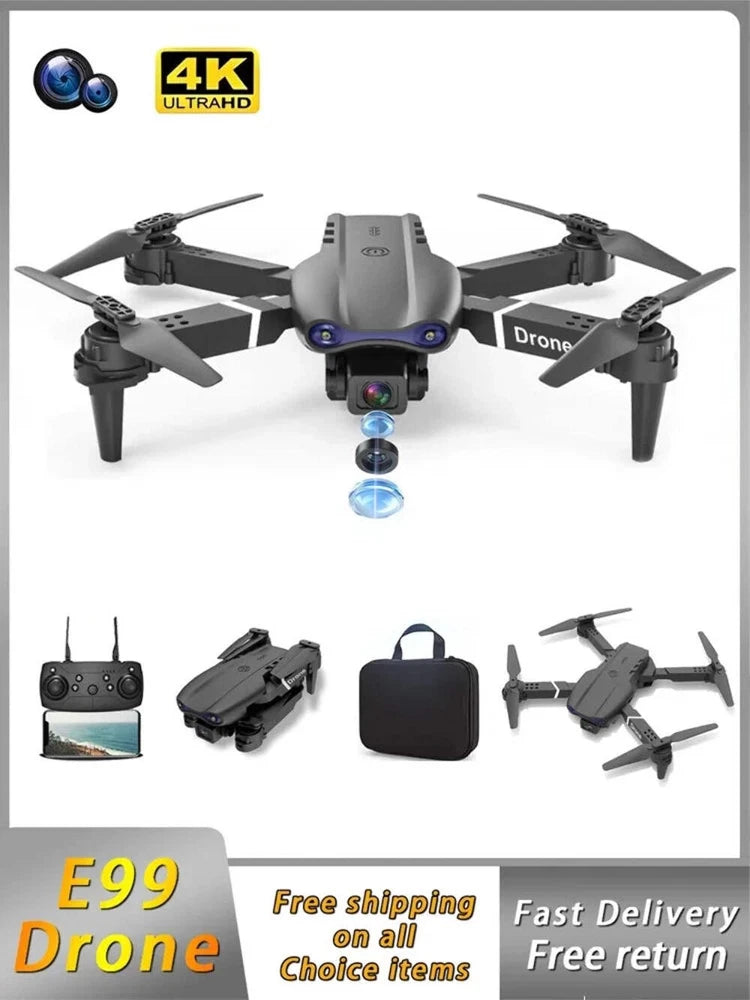 Folding quadcopter drone with remote controller, spare parts, and carrying case