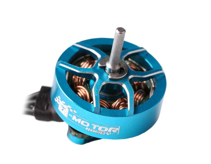 T-MOTOR micro 0802 brushless motor, blue anodized body with shaft and mounting holes