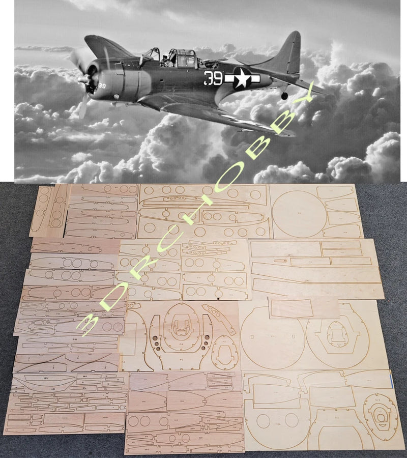 Laser-cut balsa ply model airplane parts sheets with plan outlines and cut pieces