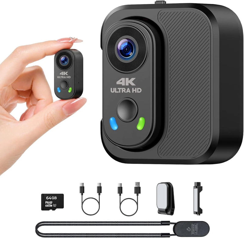 4K Mini WiFi Body Camera Wearable Action Cam  POV Hands-Free With Charging Case