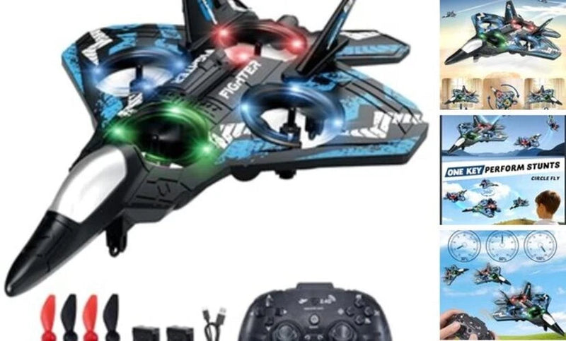 Blue and black LED RC fighter airplane with propellers and controller remote