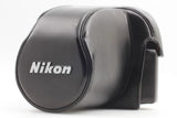 Black leather camera case with Nikon logo and rounded front pocket