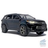 Black 1/32 Toyota Highlander diecast SUV model car with front left door open