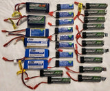 Eflite Li-Po drone battery lot with red/black balance leads, multiple packs shown