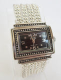 Art Deco sterling silver watch, black rectangular dial, beaded bezel, mesh strap