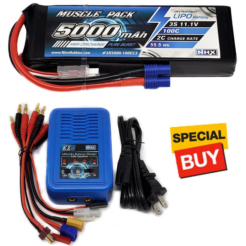 NHX Muscle Pack 3S 11.1V 5000mAh 100C Lipo Battery w/EC3 Connector / EZ6 Charger Battery
