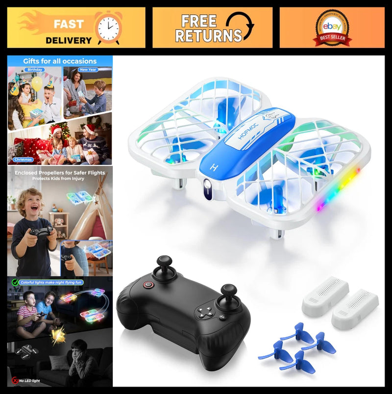 Kids mini quadcopter drone with prop guards, blue and white, with controller and spare props
