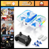 Kids mini quadcopter drone with prop guards, blue and white, with controller and spare props