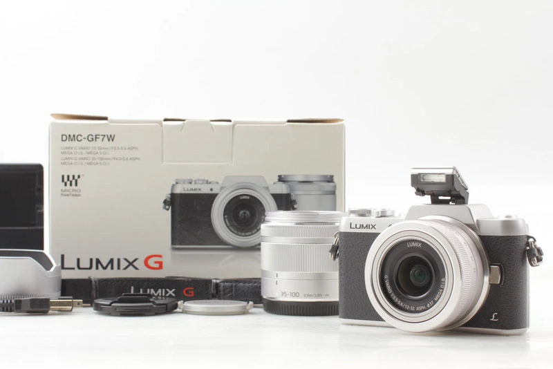 English OK [ Top MINT BOX ] Panasonic LUMIX DMC-GF7 16MP Silver 12-32mm 35-100mm