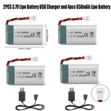 Four 3.7V LiPo batteries with USB charger and white balance plug