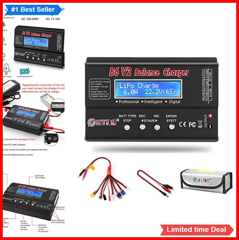 Black RC battery balance charger with LED display and input/output ports