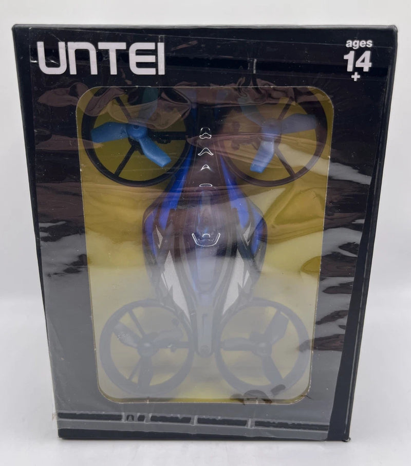 UNTEI 2-in-1 mini drone toy in blue retail box, ages 14+