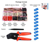 RC connector crimping tool kit with orange/black pliers, clips, and heat shrink tubes