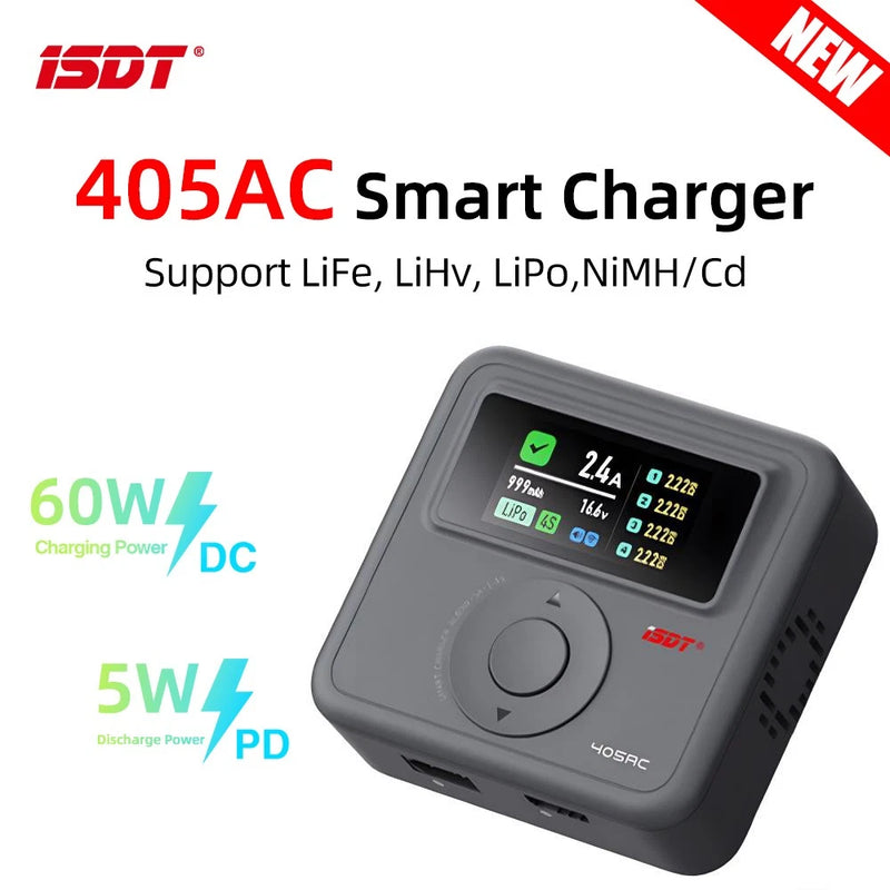 ISDT 405AC 60W GaN Battery Charger For LiFe/LiHv/LiPo 1~4SPb 1~7S NiMH/Cd 1~12S