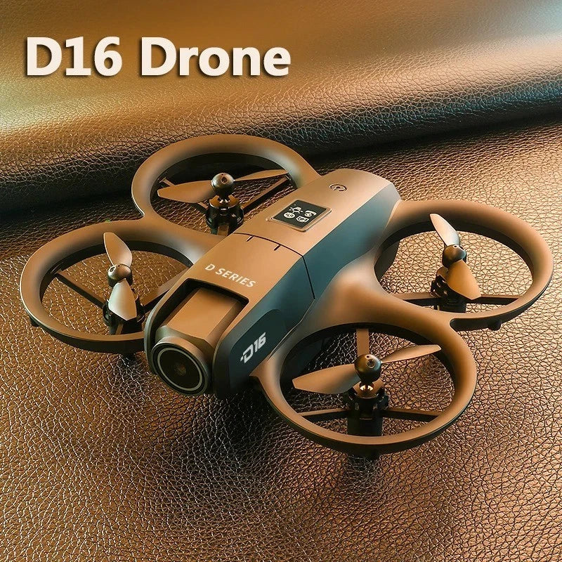 D16 mini drone with four propellers and front camera lens housing