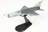 1/72 MiG-21MF model airplane, gray and light green on black display stand