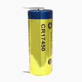 CR17450 3V battery cell with plus and minus terminals, yellow cylindrical design.