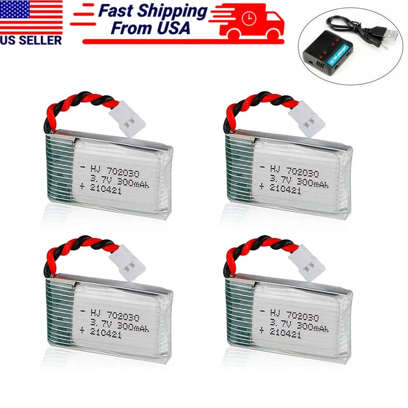 4X 3.7V 300mAh Lipo Battery 25C XH2.54 Plug Charger for RC Car Drone Quadcopter
