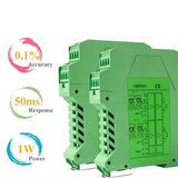 Green DIN-rail signal isolator with screw terminal blocks and electronics panel label