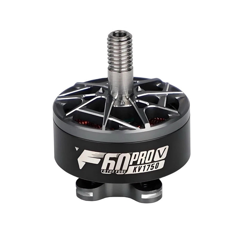 RC brushless drone motor with black finned housing and silver threaded shaft, KV1750 label