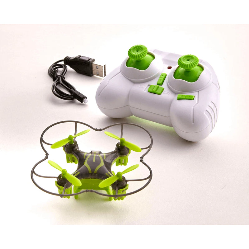 White RC mini drone with green propellers and USB charging cable