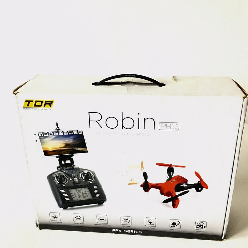 Red FPV drone retail box with Robin Pro branding, controller, and screen graphics