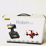 Red FPV drone retail box with Robin Pro branding, controller, and screen graphics