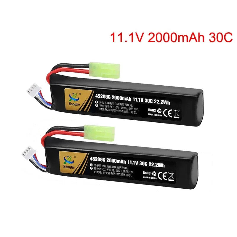 2Pcs 11.1V 2000mAh 30C LiPo Rechargeable Battery + Mini Tamiya Plug for Airsoft