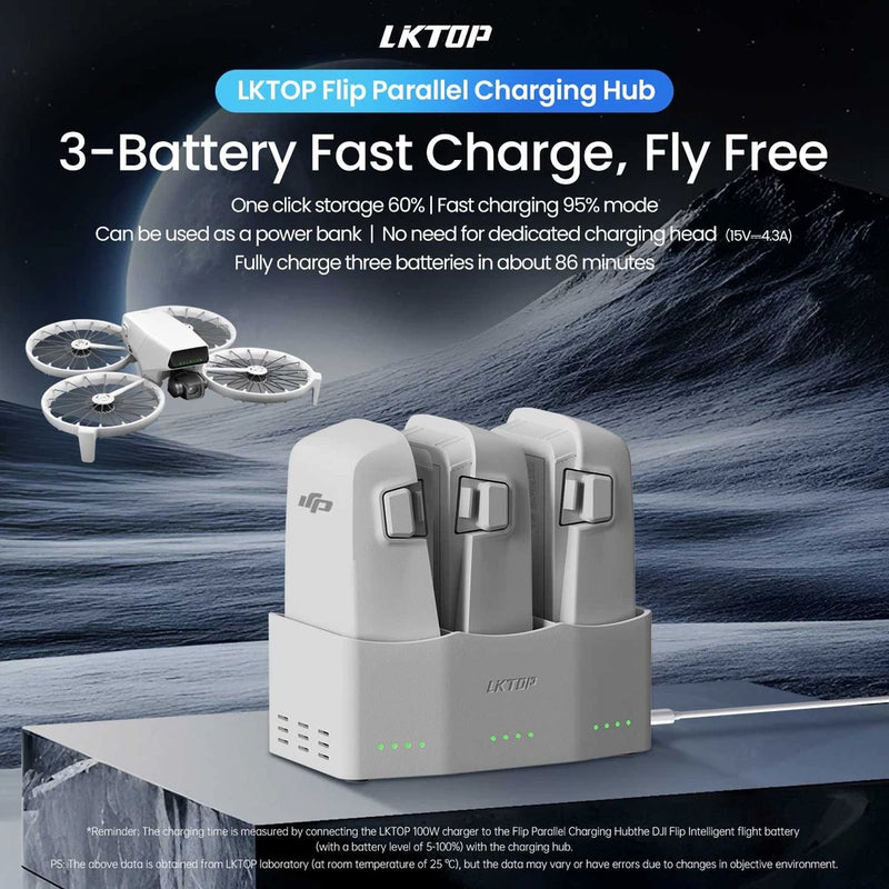 White 3-slot battery charging station dock with LED indicator lights for drones