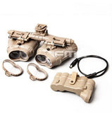 Tan dummy night vision goggles with headgear strap, battery box, and attached cable