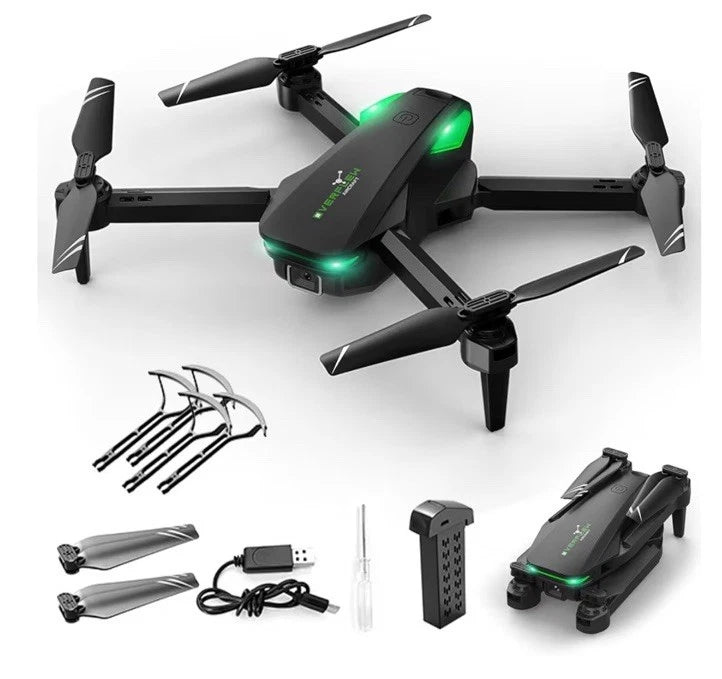 Foldable RC quadcopter drone with green LED lights, prop guards and charging cable