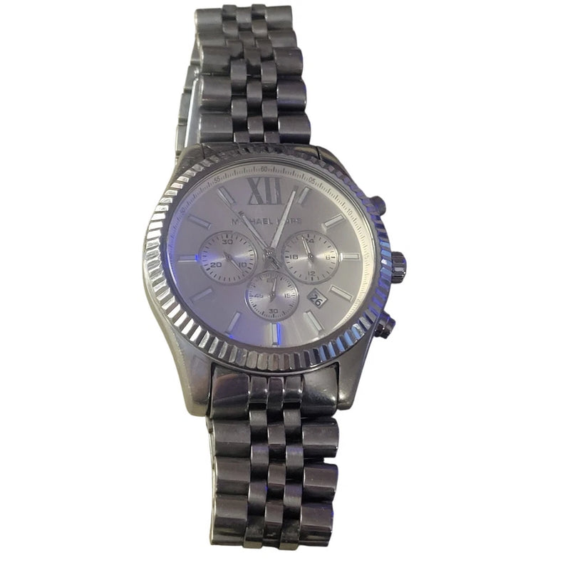 Men's black metal link wristwatch with silver dial, Roman numerals, chronograph subdials