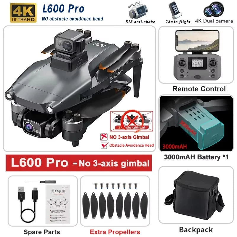 Black GPS drone with dual 4K camera, gimbal, and remote control included