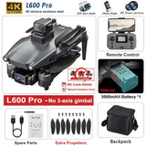 Black GPS drone with dual 4K camera, gimbal, and remote control included