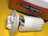 In-tank fuel pump module with white plastic housing and circular mounting flange