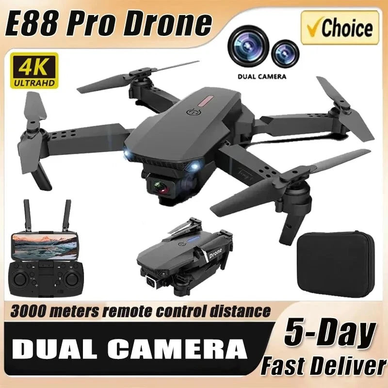 Black RC drone with dual camera, four propellers, remote controller and carrying case